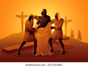 Biblical vector illustration series. Way of the Cross or Stations of the Cross, tenth station, Jesus is Stripped of His Garments.