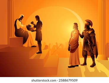 Biblical vector illustration series. Way of the Cross or Stations of the Cross, first station, Pilate condemns Jesus to die