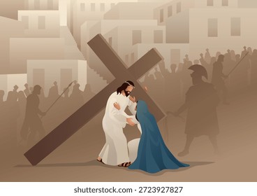 Serie de Ilustración vectorial bíblica. Camino de la Cruz o Estaciones de la Cruz, cuarta estación, Jesús conoce a su Santísima Madre, María.