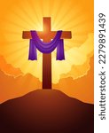 Biblical vector illustration series, wooden cross with purple sash on clouds background, for good friday, resurrection, easter, christianity theme