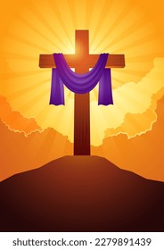 Biblical vector illustration series, wooden cross with purple sash on clouds background, for good friday, resurrection, easter, christianity theme