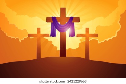 Biblical vector illustration series, wooden cross with purple sash on the hill with dramatic clouds background, for good friday, resurrection, easter, ash wednesday, christianity theme