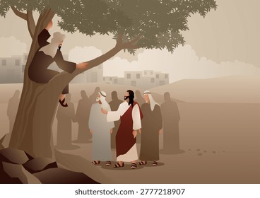 Biblical vector illustration series, Zacchaeus in the tree meeting Jesus, Luke 19 Christian story