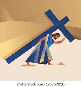 Biblical vector illustration. Way of the Cross or Stations of the Cross, Jesus carry his cross
