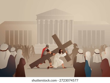 Ilustración vectorial Bíblica del Vía Crucis o Estaciones de la Cruz, segunda estación, Jesús acepta su cruz.