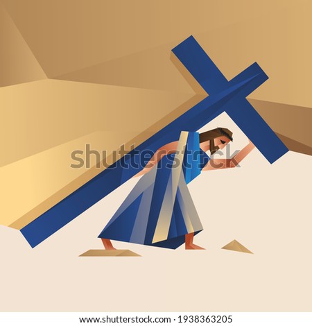 Biblical vector illustration. Way of the Cross or Stations of the Cross, Jesus carry his cross