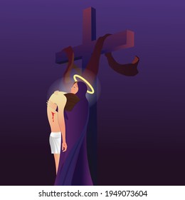 Biblical vector. Way of the Cross or Stations of the Cross, Mother Mary mourning the death of Jesus, Jesus is taken down from the cross