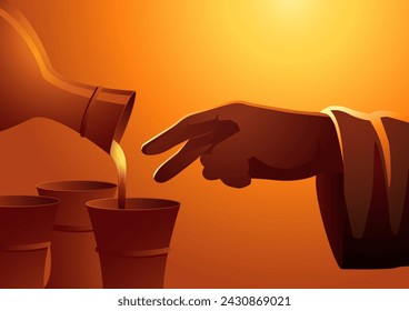 Biblicall vector illustration series. Jesus's hand blessing water to turn it into wine