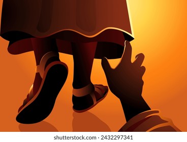 Biblicall vector illustration series, woman's hand attempted to touch the hem of Jesus' clothing. She believed that she would be healed just by touching His garments