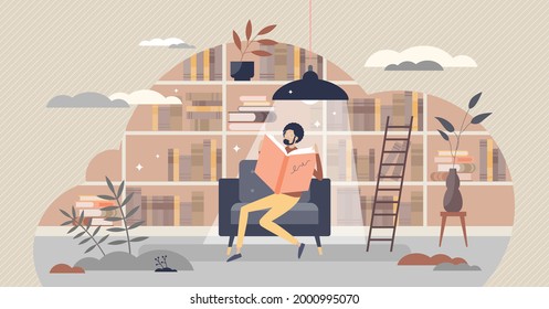 Bibliotherapy as depression treatment with book reading tiny person concept. Psychological, mental problem therapy session with literature to reduce stress level, be calm and happy vector illustration