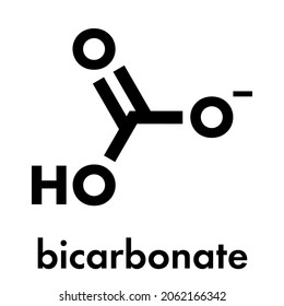 anión bicarbonato, estructura química. Las sales comunes incluyen bicarbonato sódico (gaseosa) y bicarbonato amónico. Fórmula esquelética.