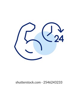 Bicep curl and 24 hour clock symbol. 24 hour fitness club, gym and wellness. Pixel perfect, editable stroke icon