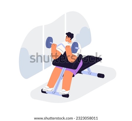 Bicep curls with barbell. Strong man doing strength exercise, training with weights. Person lifting bar during arm workout in sport gym. Flat vector illustration isolated on white background