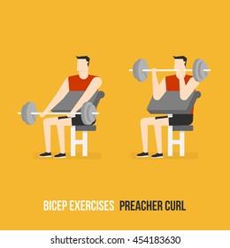 Bicep Exercises. Preacher Curl. Flat Design Bodybuilder Character Lifting Dumbbell.