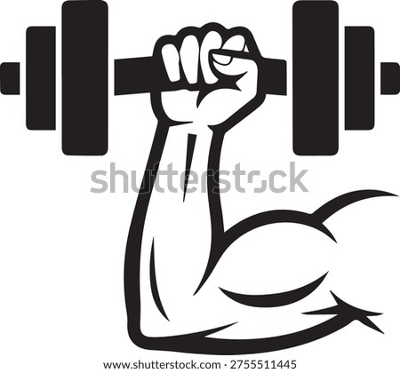 Bicep flexing muscle holding dumbbell weight demonstrating successful physical power and athletic success lifting weights