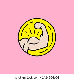 Bicep muscle line icon. Muscular male arm strength symbol. Simple power fitness emblem isolated on pink background. Vector illustration.