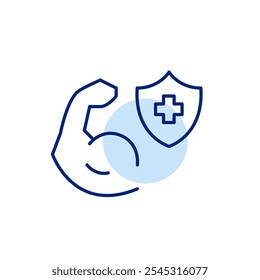 Biceps curl and health insurance shield with cross. Fitness and wellbeing, medical support for fitness journey. Pixel perfect, editable stroke icon