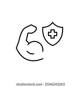 Biceps curl and health insurance shield with cross. Fitness and wellbeing, medical support for fitness journey. Pixel perfect vector icon