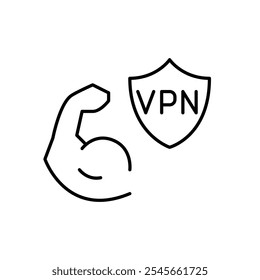 Biceps curl and VPN shield. Strong online protection, data privacy and safe browsing. Pixel perfect vector icon