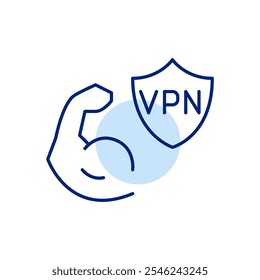 Bíceps curl y blindaje VPN. Fuerte protección en línea, privacidad de datos y navegación segura. Icono de trazo perfecto y editable del píxel