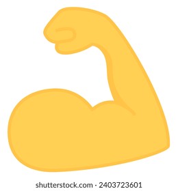 Biceps  emoticon of strength. Yellow emoji of strong bicep. Power of protein for man icon. Flex muscle arm. Exercise in gym for health. Logo of fitness, workout, bodybuilder. Strong muscular arms. Fit