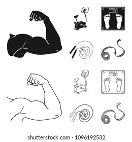 Biceps, exercise bike, scales for weighing, skalka. Fitnes set collection icons in black,outline style vector symbol stock illustration web.