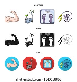 Biceps, exercise bike, scales for weighing, skalka. Fitnes set collection icons in cartoon,black,flat style vector symbol stock illustration web.