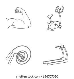 Biceps, exercise bike, skipping rope, treadmill, Fitness set collection icons in outline style vector symbol stock illustration web.