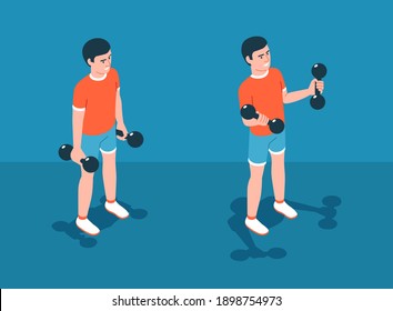 Biceps exercise with dumbbells. Workout training. Vector isometric illustration.