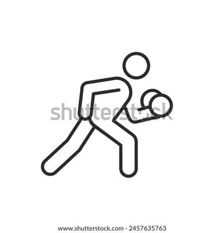 Biceps exercise icon. A streamlined depiction of a figure performing a biceps curl with a dumbbell, representing workouts, fitness training, and strength conditioning. Vector illustration