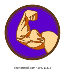 Biceps Flex Arm Gym Sign. Workout And Fitness Vector Design Element Isolated On Purple Background In Round Frame. Realistic Skin Color.