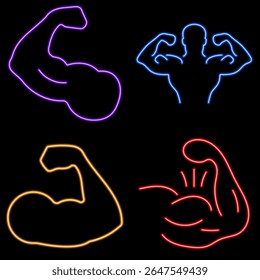 biceps group of neon icons, vector illustration, on a black background.