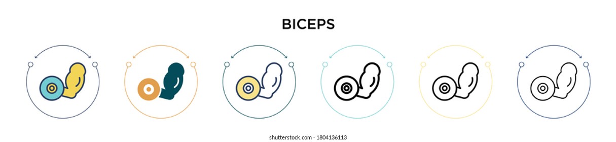 Biceps icon in filled, thin line, outline and stroke style. Vector illustration of two colored and black biceps vector icons designs can be used for mobile, ui, web