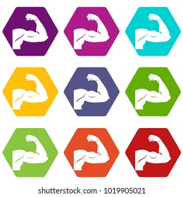 Biceps icon set many color hexahedron isolated on white vector illustration