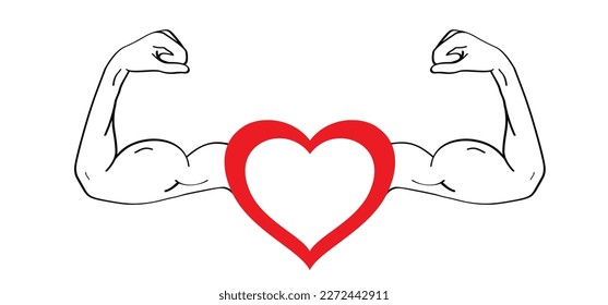 Biceps and love heart symbol. Cartoon human elbow. Vector outline drawing. Editable stroke. Body part outline. Line pattern. Strong muscle lines icon. Muscular Bodybuilder pose. Powerlifting