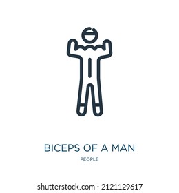 los bíceps de un icono de línea delgada del hombre. iconos fuertes y lineales del hombre del signo de contorno aislado del concepto de personas. Elemento de símbolo de ilustración vectorial para diseño web y aplicaciones.