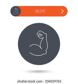 Biceps muscle icon. Bodybuilder strong arm sign. Weightlifting fitness symbol. Gray flat circle button. Orange button with arrow.