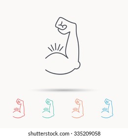 Biceps muscle icon. Bodybuilder strong arm sign. Weightlifting fitness symbol. Linear icons on white background.