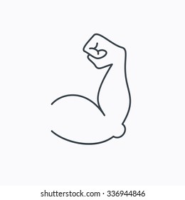 Biceps Muscle Icon. Bodybuilder Strong Arm Sign. Weightlifting Fitness Symbol. Linear Outline Icon On White Background.