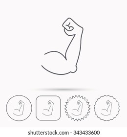Biceps muscle icon. Bodybuilder strong arm sign. Weightlifting fitness symbol. Linear circle, square and star buttons with icons.
