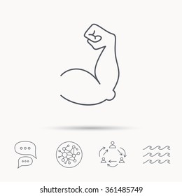 Biceps Muscle Icon. Body-builder Strong Arm Sign. Weightlifting Fitness Symbol. Global Connect Network, Ocean Wave And Chat Dialog Icons. Teamwork Symbol.