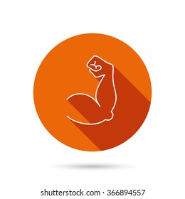 Biceps muscle icon. Bodybuilder strong arm sign. Weightlifting fitness symbol. Round orange web button with shadow.