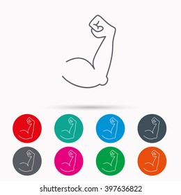 Biceps muscle icon. Bodybuilder strong arm sign. Weightlifting fitness symbol. Linear icons in circles on white background.