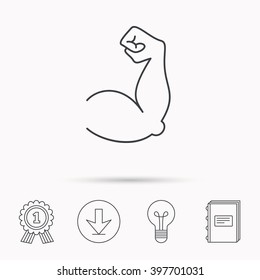 Biceps muscle icon. Bodybuilder strong arm sign. Weightlifting fitness symbol. Download arrow, lamp, learn book and award medal icons.