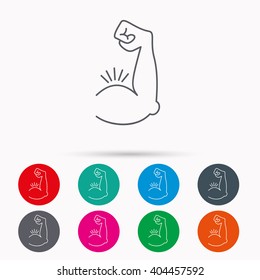 Biceps muscle icon. Bodybuilder strong arm sign. Weightlifting fitness symbol. Linear icons in circles on white background.