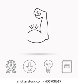 Biceps muscle icon. Bodybuilder strong arm sign. Weightlifting fitness symbol. Download arrow, lamp, learn book and award medal icons.