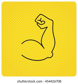 Biceps muscle icon. Bodybuilder strong arm sign. Weightlifting fitness symbol. Linear icon on orange background. Vector