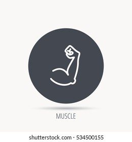 Biceps muscle icon. Bodybuilder strong arm sign. Weightlifting fitness symbol. Round web button with flat icon. Vector