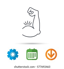 Biceps muscle icon. Bodybuilder strong arm sign. Weightlifting fitness symbol. Calendar, cogwheel and download arrow signs. Colored flat web icons. Vector