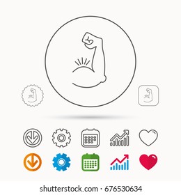 Biceps Muscle Icon. Bodybuilder Strong Arm Sign. Weightlifting Fitness Symbol. Calendar, Graph Chart And Cogwheel Signs. Download And Heart Love Linear Web Icons. Vector